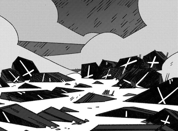 A stylized illustration of half-buried caskets and acid rain.